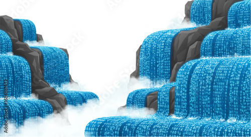 Digital data flows like a vibrant blue waterfall cascading over dark rocks creating a modern tech concept