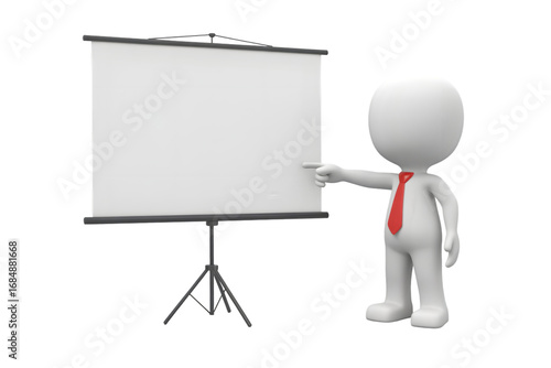 3d business man pointing at a blank presentation screen isolated on transparent background