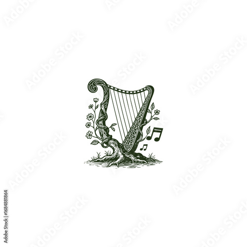 engraved illustration of a musical harp growing from a gnarled tree root, surrounded by leaves and blossoms