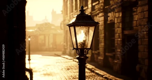 Old street lamp illuminates cobblestone alleyway at dusk.