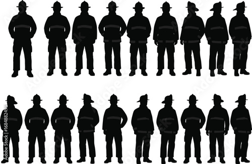 Silhouette firefighter group, professional emergency responders, safety uniform, rescue team standing, protective gear, firemen collection, black vector illustration, teamwork concept