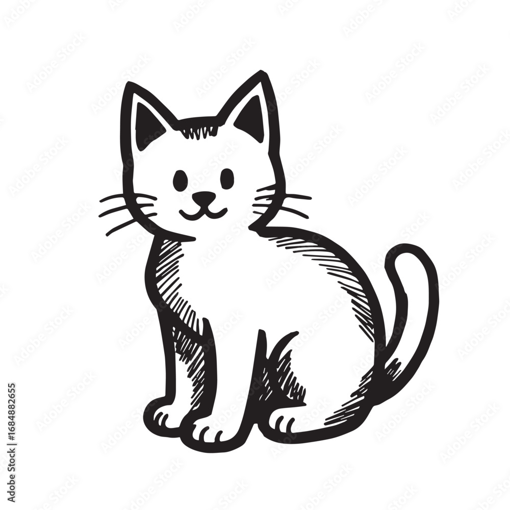 Obraz premium Cat Doodle Black and White Illustration Vector Image Cute Kitten Sketch Line Art Drawing Silhouette