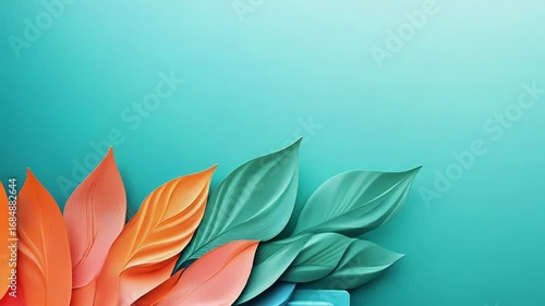 Colorful abstract leaves overlapping a square on teal background