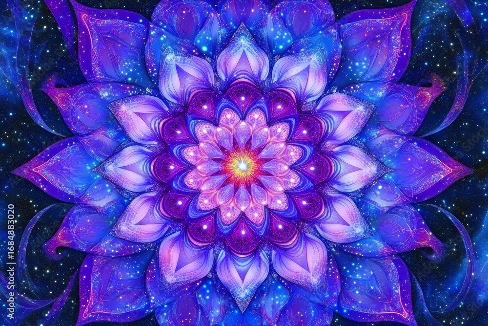 Obraz premium Intricate Floral Mandala Design with Cosmic Elements in Shades of Purple and Blue for Meditation