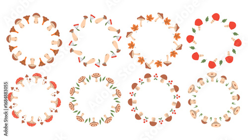 Mushroom Wreath Set. Hand drawn Fall Circle Frames Collection. Autumn Woodland decorative chaplets. Seasonal round borders with leaves, berries and grass. Flat vector illustration