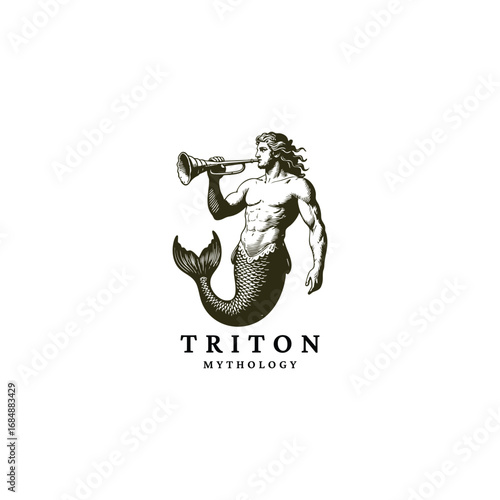 A vintage-style illustration of Triton, the mythical son of Poseidon, blowing a conch shell trumpet