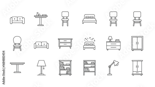 Home Furniture Icons Set | Thin Line Editable Stroke Symbol Collection for Interior Design