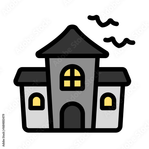 Spooky haunted house in colorful outlined style. Perfect for Halloween party icons, eerie visuals, horror themes, and festive decorations.