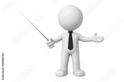 3d white man in a suit holding a pointer stick isolated on transparent background