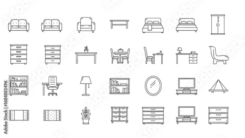 Home Furniture Icons Set | Thin Line Editable Stroke Symbol Collection for Interior Design