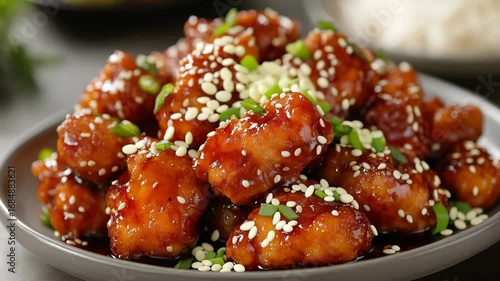 This culinary experience showcases tender, crispy bites drenched in a rich, glossy sauce, garnished with sesame seeds and vibrant green onions for added flair.