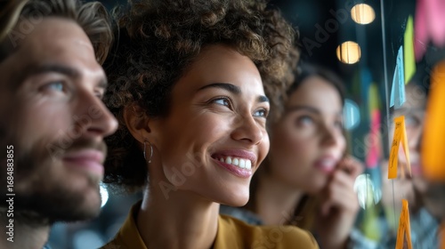 Collaboration and Ideation: A group of professionals deeply engaged in collaborative brainstorming, focused on post-it notes that encapsulate the essence of teamwork and innovation.