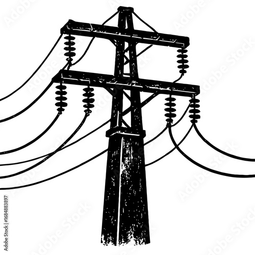 Distressed Black and White Power Pole Vector. Grunge Style Illustration of Electricity and Industrial Infrastructure.