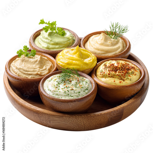 Delicious variety of dips in a wooden bowl on transparent background