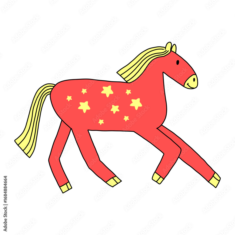 Obraz premium Running red horse, hand drawn illustration, Chinese zodiac year, cute pony christmas character, animals for print, sticker, New year 2026