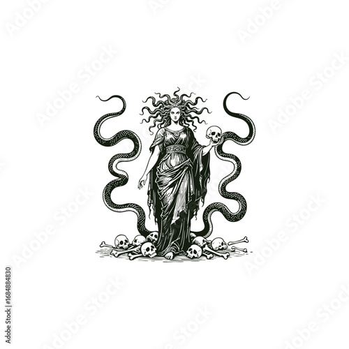 engraved illustration of a mythological goddess with a crown of snakes, holding a skull and surrounded by bones