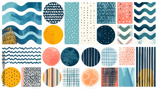 Modern flat vector pattern and texture elements including stripes, dots, waves, zigzag, and grids.