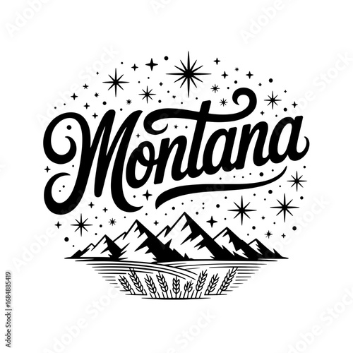 Montana landscape with mountains, a bison, and a winding river under a starry sky showcasing the state's natural beauty