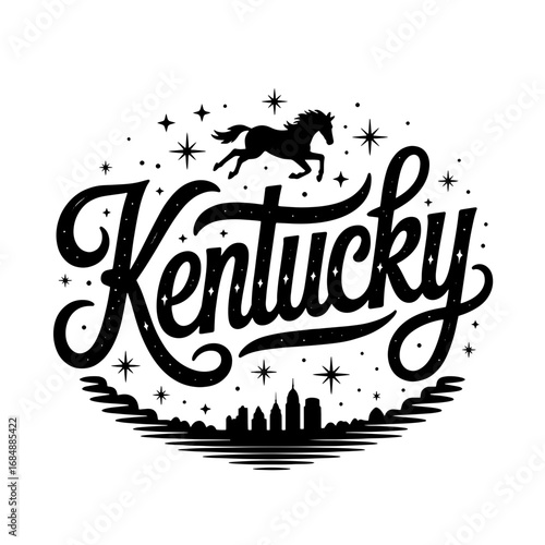 Black silhouette design featuring the word Kentucky with a galloping horse and stars in the background