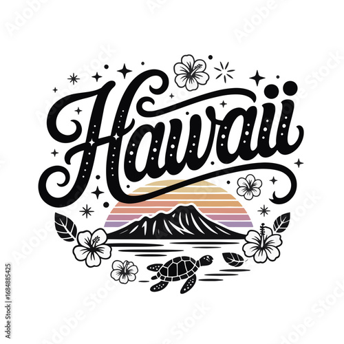 Hawaii sunset design featuring mountains, ocean, turtle, and floral elements in a vibrant, artistic style