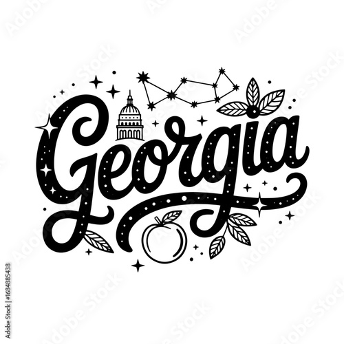 Artistic representation of Georgia with state elements and a playful design in black and white