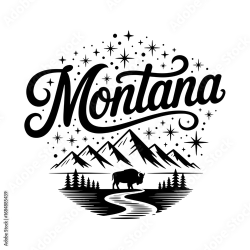 Montana landscape with mountains, a bison, and a winding river under a starry sky showcasing the state's natural beauty