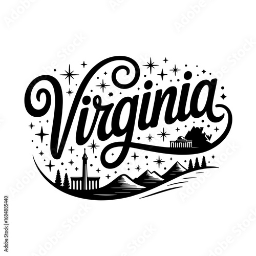 Virginia landscape design featuring mountains, trees, and iconic landmarks in a stylish script