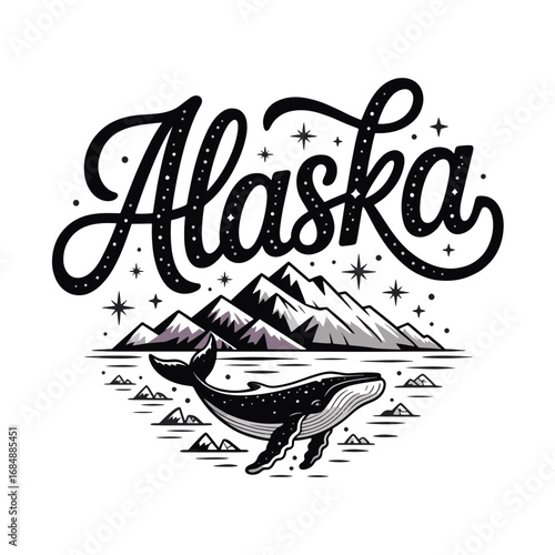Stylized design featuring Alaska mountains and wildlife with a bold lettering style