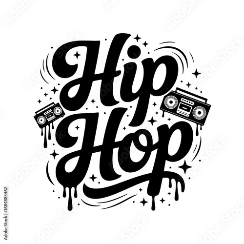 Hip hop graphic design featuring bold lettering and retro boomboxes creating an energetic vibe for music enthusiasts and culture lovers
