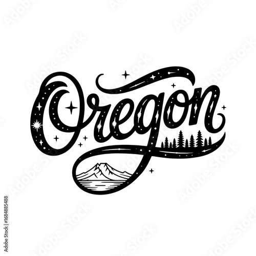 Artistic depiction of Oregon featuring mountains and trees with a celestial theme