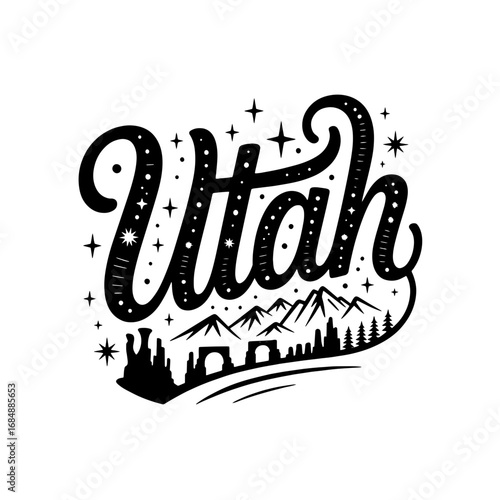 Creative lettering design representing Utah with mountains, stars, and natural landmarks in a whimsical style