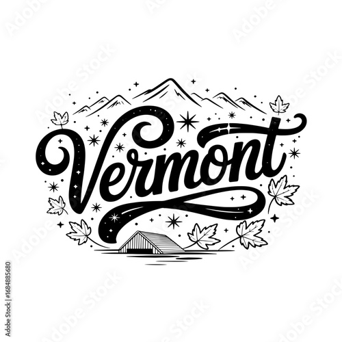 Vermont landscape design featuring mountains, trees, and a rustic structure with whimsical lettering