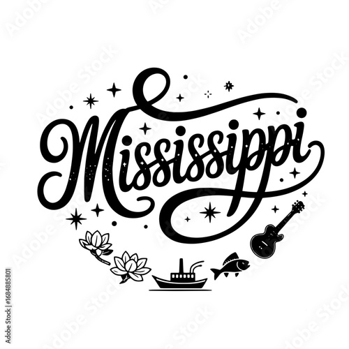 Artistic representation of Mississippi featuring cultural symbols and elements of nature