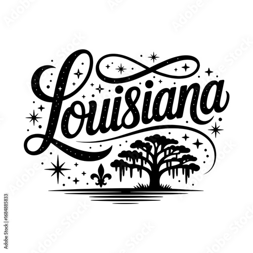 Artistic representation of Louisiana featuring a tree and stars on a black background during a nighttime view