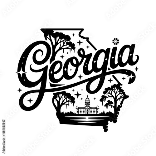 Artistic representation of Georgia featuring lush trees and the state capitol building at nighttime