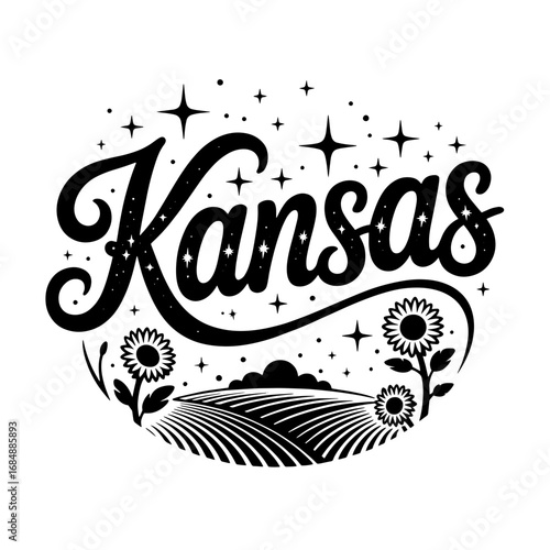 Stylized Kansas typography design featuring sunflowers, rolling hills, and twinkling stars under a night sky