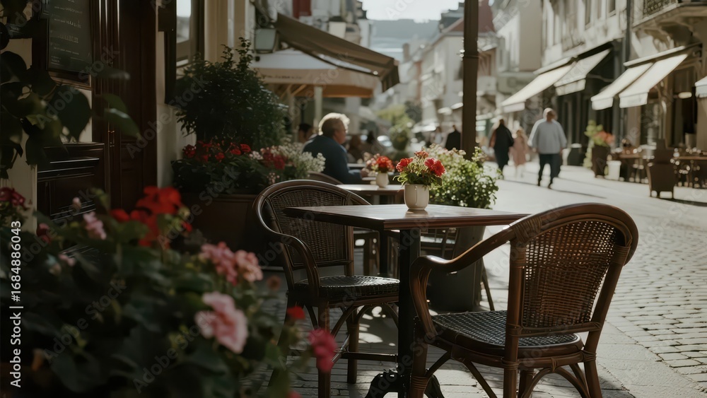 Fototapeta premium An open - air cafe under the sun, with tables, chairs, flowers and the street complementing each other, is filled with a leisurely atmosphere. 