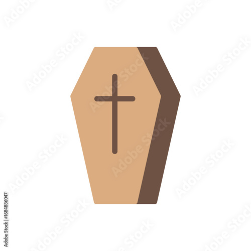 Flat wooden coffin with cross, isolated on white background.