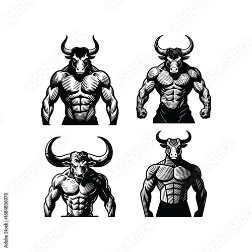 powerful collection of four engraved logos featuring a muscular Minotaur or bull warrior