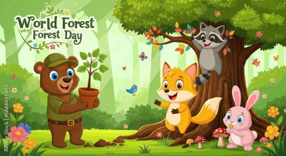 Obraz premium Joyful Woodland Animals Celebrate Forest Day with Vibrant Nature