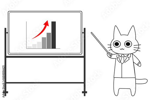 上昇する成長グラフをホワイトボードで説明するスーツ姿の猫のビジネスプレゼン用ベクターイラスト｜猫,スーツ,ビジネス,グラフ,成長,プレゼン,ホワイトボード