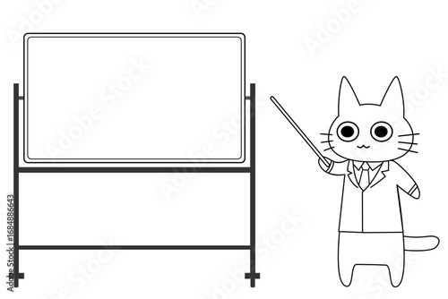 スーツを着た猫がホワイトボードで説明する教育・プレゼンテーション用ベクターイラスト｜猫,教師,スーツ,ホワイトボード,教育,プレゼン,説明,授業