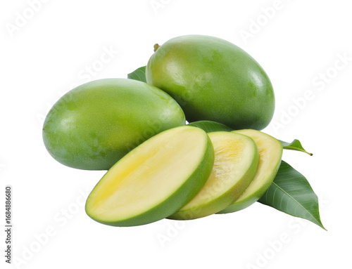 Wallpaper Mural fresh green mangoes and slices on white background Torontodigital.ca