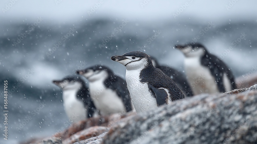 Naklejka premium Chinstrap Penguins in Antarctic Blizzard