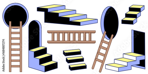 Retro ladder collection with geometric stairs and archway designs for vintage aesthetics. Isometric steps and climbing equipment. Memphis style architectural elements for poster design