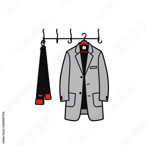 Minimalist coat display with red accents on white background, style and simplicity
