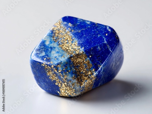 Beautiful lapis lazuli stone with golden flecks displayed on a clean surface under natural light