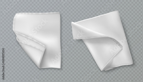 Towel handkerchief mockup with white folded fabric, realistic cloth wrinkles for hygiene products. Clean cotton napkins - bathroom or kitchen linens for branding or household item presentations.