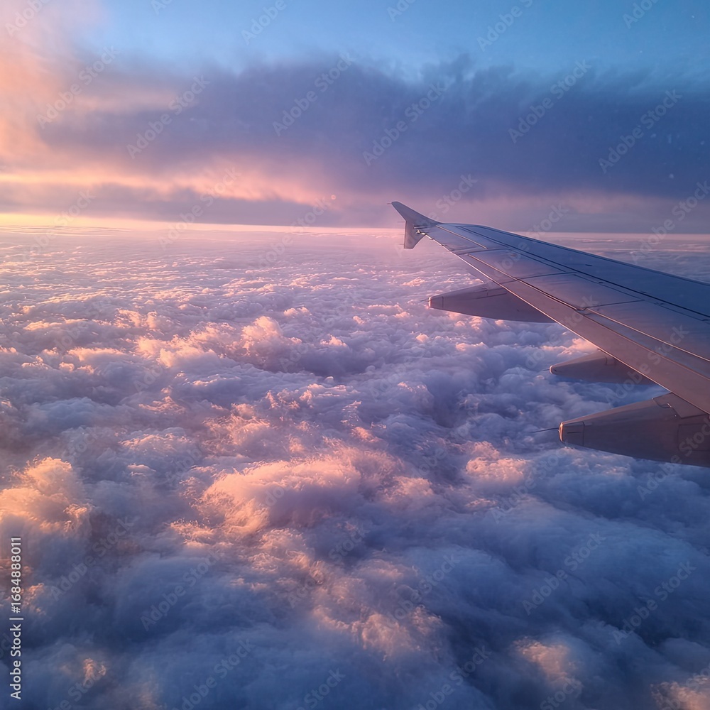 Obraz premium Airplane wing view over cloudscape at sunset blending sky hues