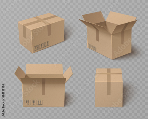 Cardboard box packages with top open closed flaps, shipping containers and fragile marking symbols for warehouse logistics. Brown corrugated parcel with weight labels. Delivery cartons for e-commerce